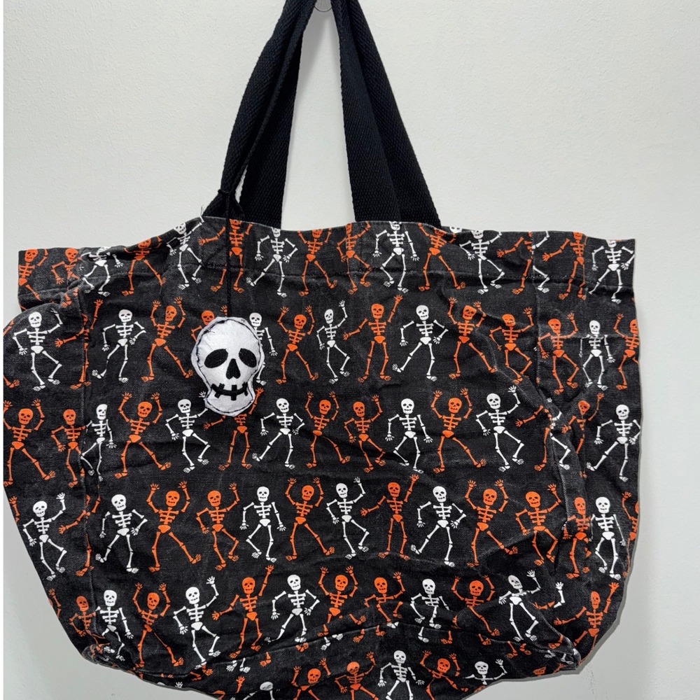 Halloween Dancing Skeleton Tote Bag Black Canvas Spooky Skull Charm Handbag